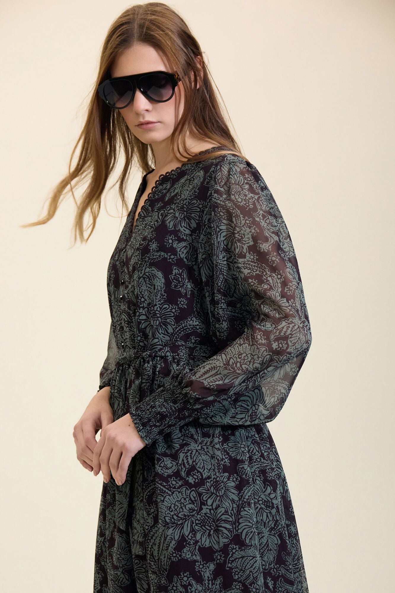 Meisie Floral print chiffon long dress Printed turquoise