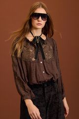 Meisie Blusa em plumeti e renda Castanho