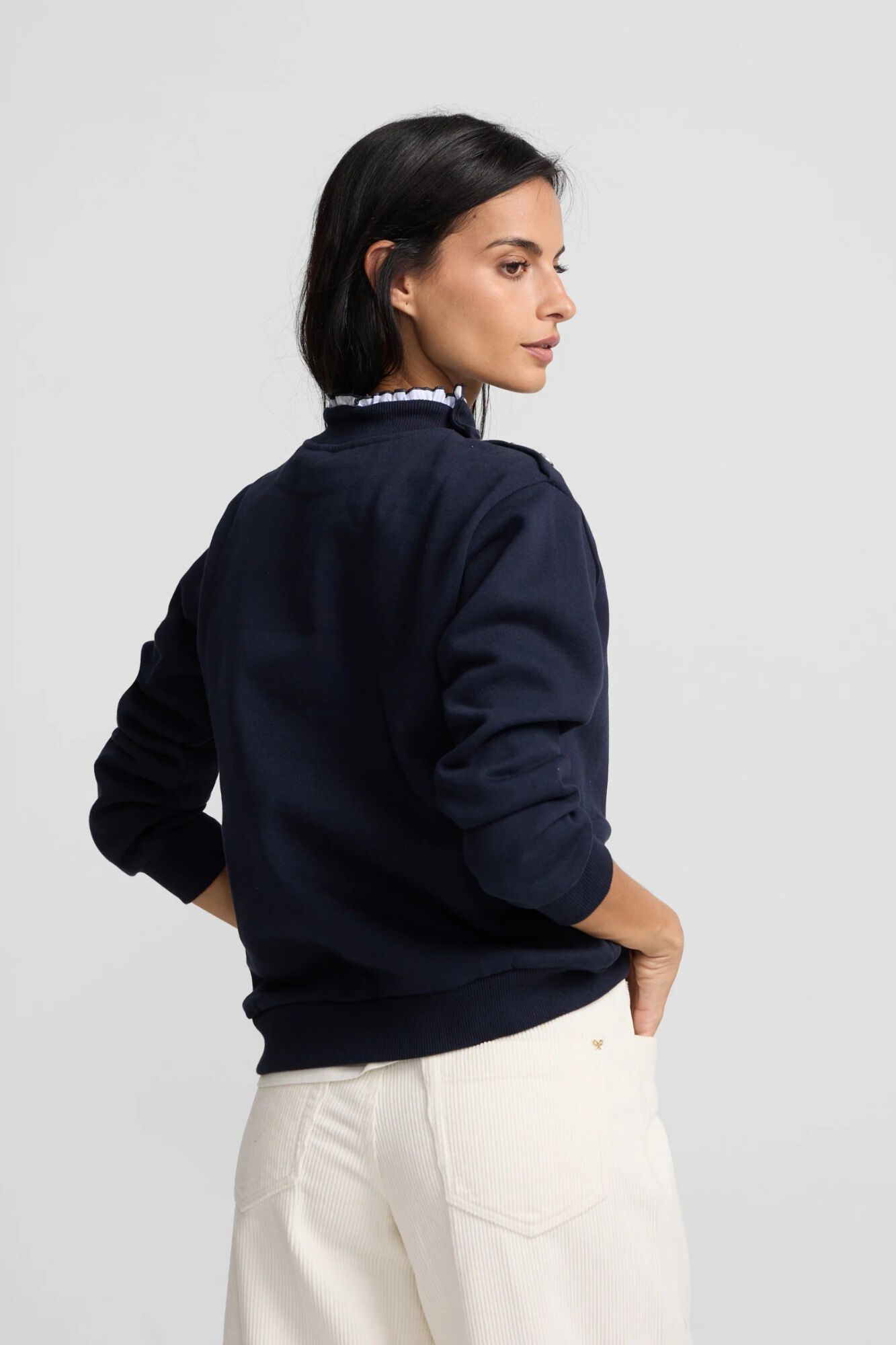 Silbon Sweatshirt de mulher com gola de folhos e bot&otilde;es Azul