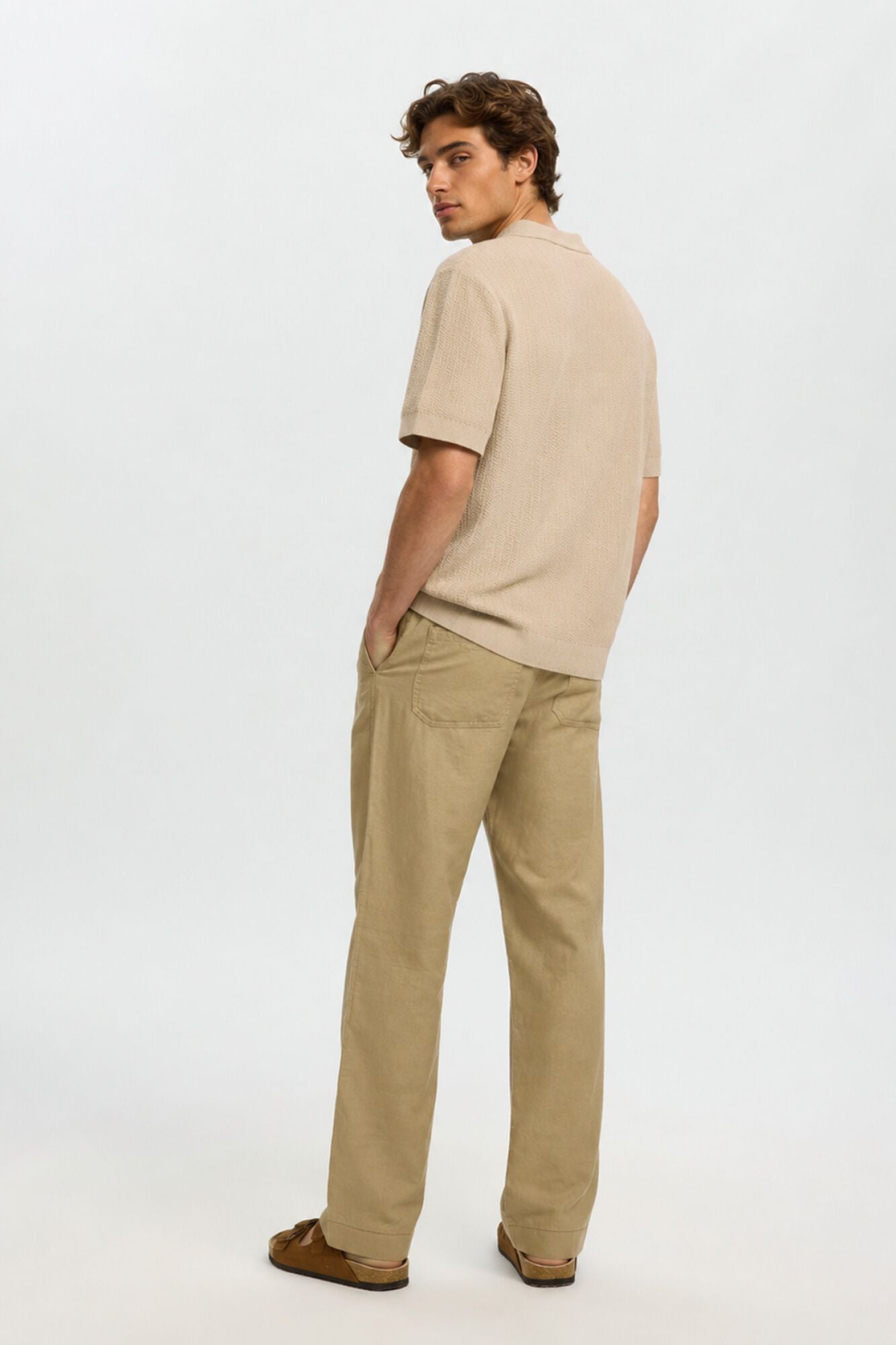 Selected Open-neck knit polo shirt Beige