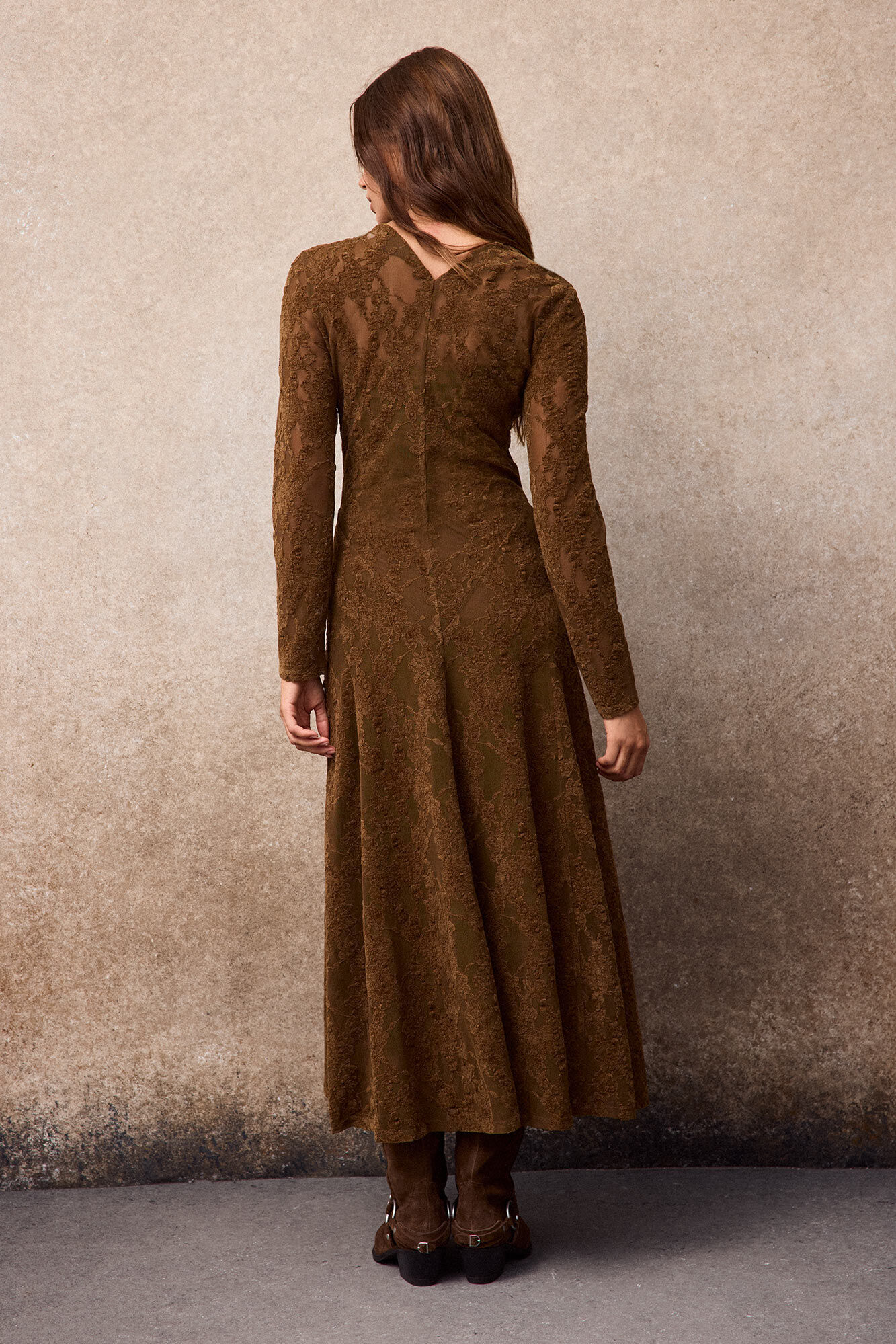 Slowlove Lace flared dress Camel