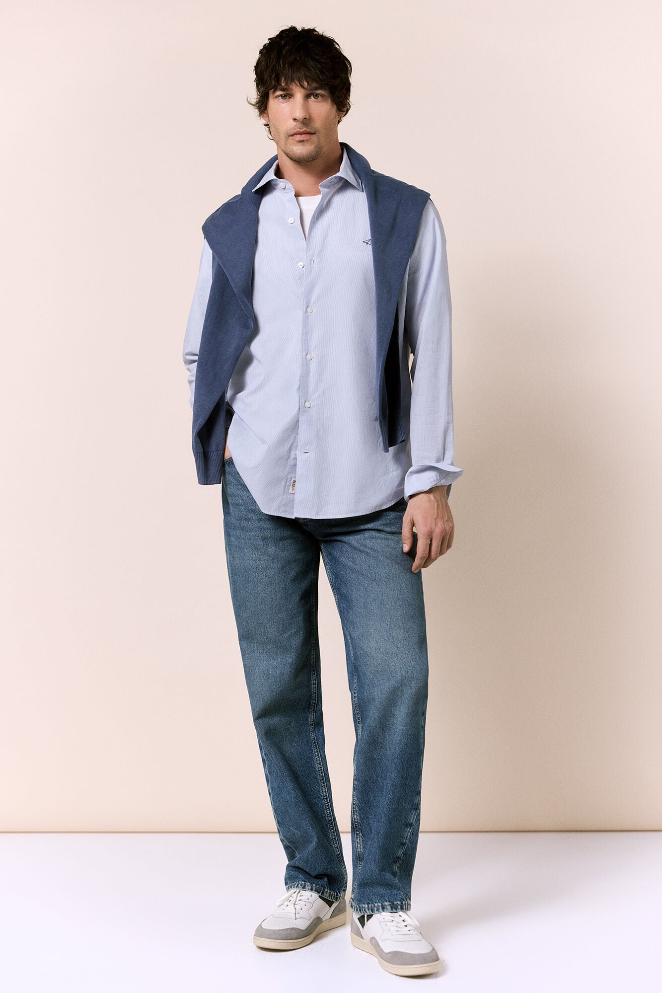 OOTO Camisa &agrave;s riscas manga comprida em popelina Azul