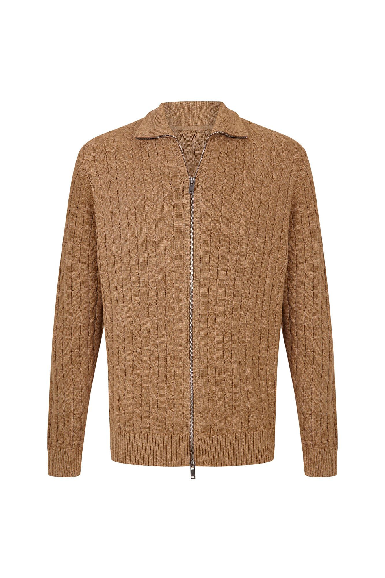 Cortefiel Cotton braided knit zip fastening cardigan Brown