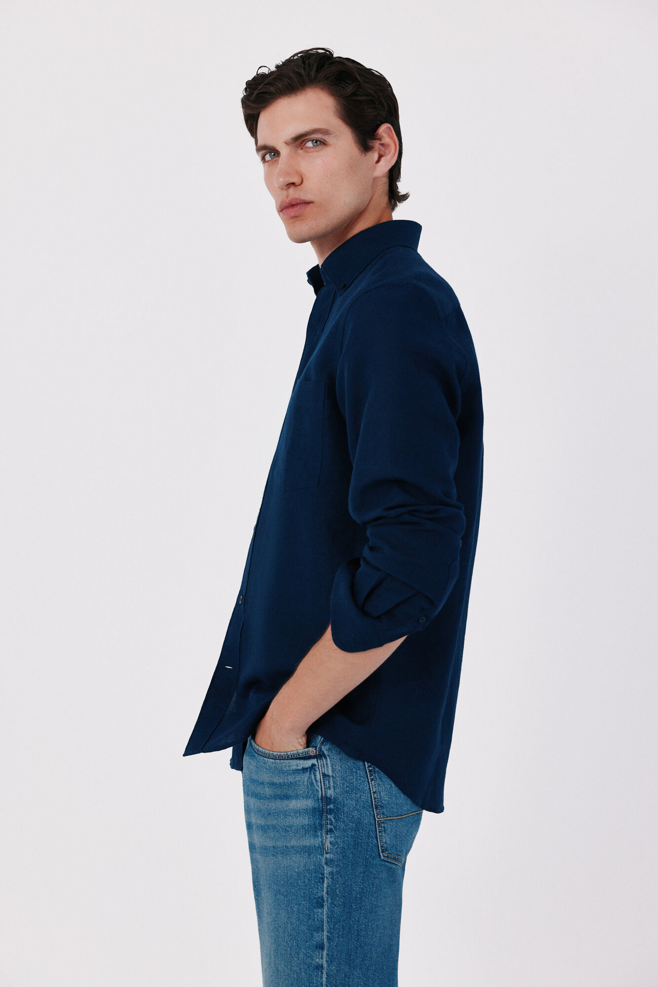 Cortefiel Plain linen shirt Navy
