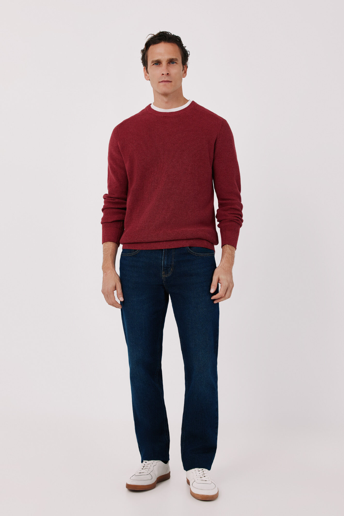 Cortefiel Pearl knit cotton crew neck jumper Maroon