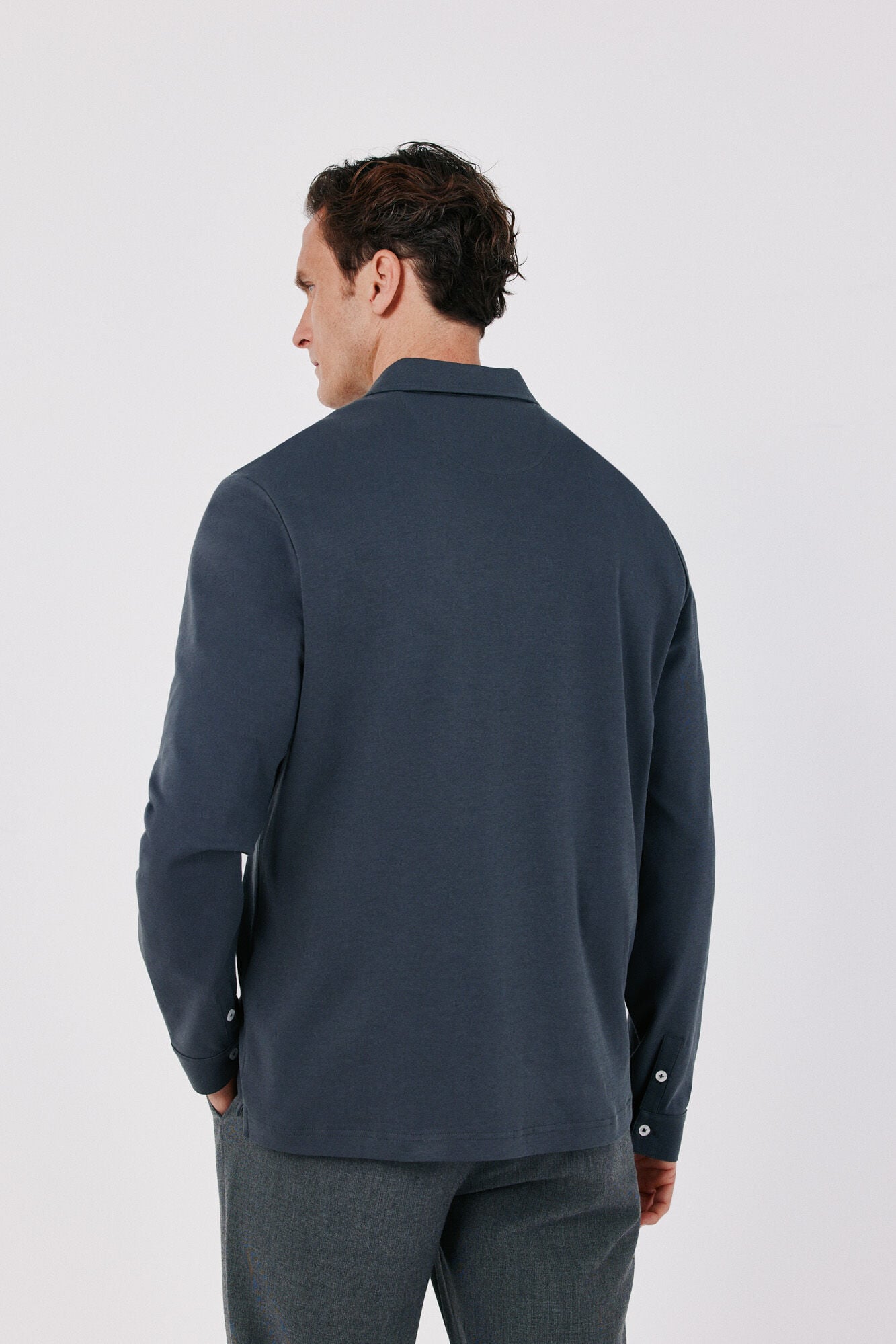 Cortefiel Long sleeve refined polo shirt Dark grey
