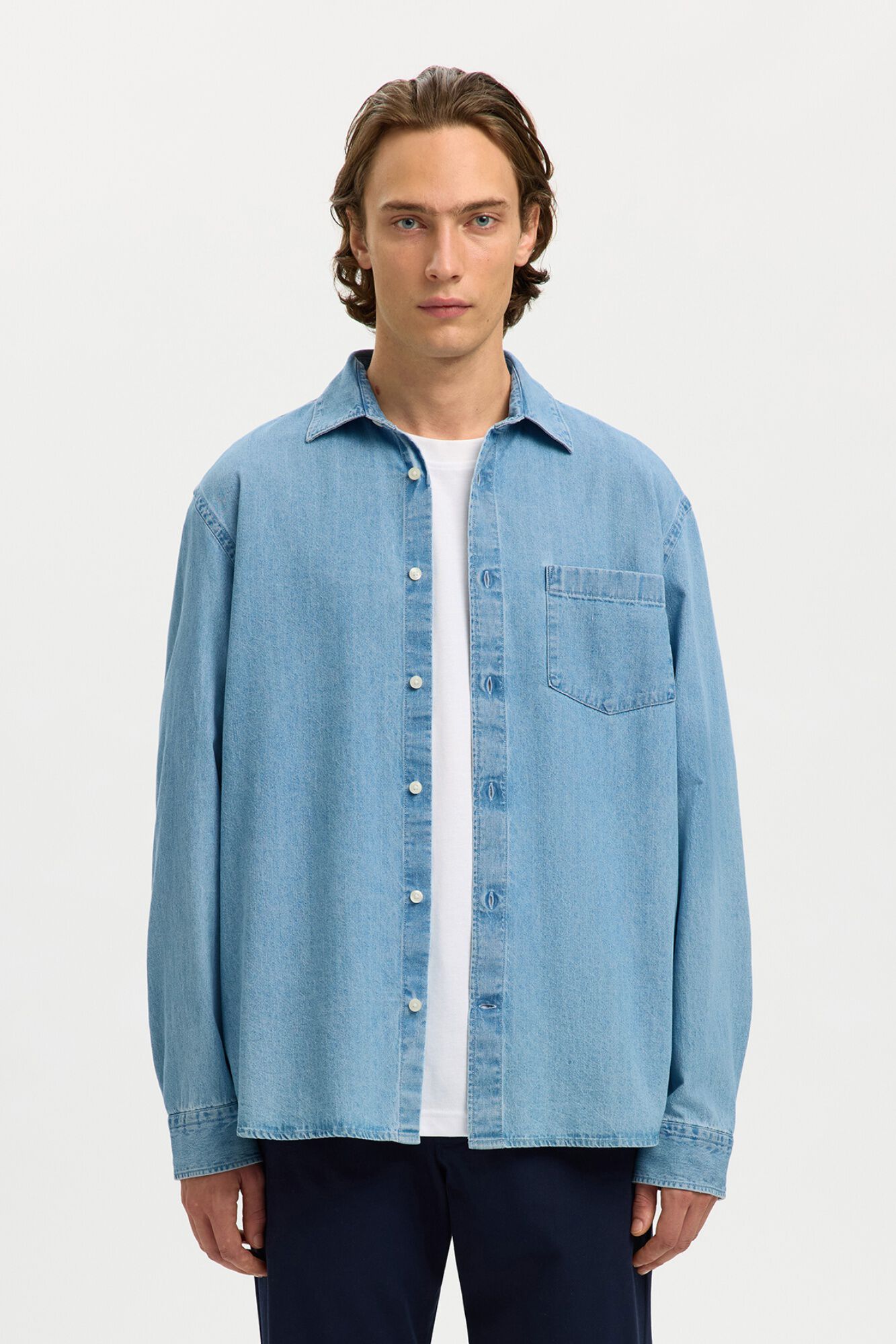Selected Camisa de ganga leve 100% algod&atilde;o org&acirc;nico Azul