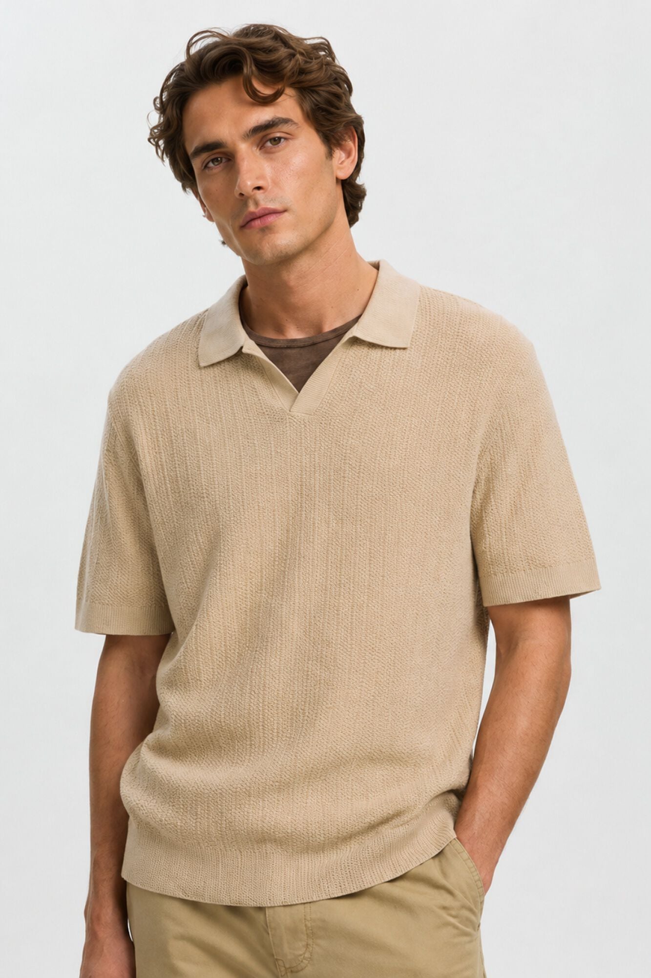 Selected Open-neck knit polo shirt Beige