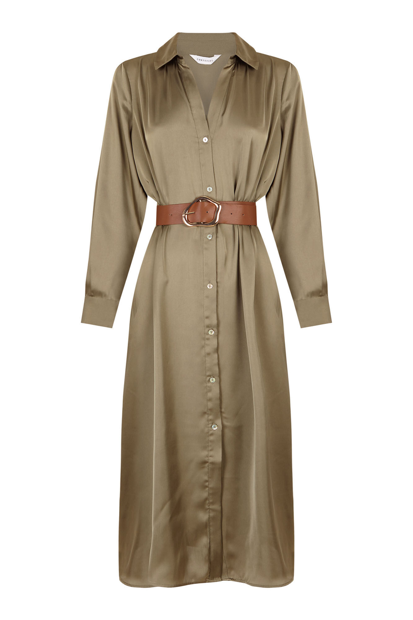 Cortefiel Satin shirt dress Kaki