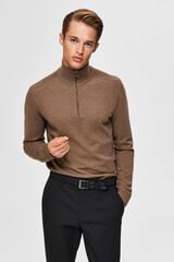 Selected Camisola de malha com meio fecho-&eacute;clair 100% algod&atilde;o Castanho