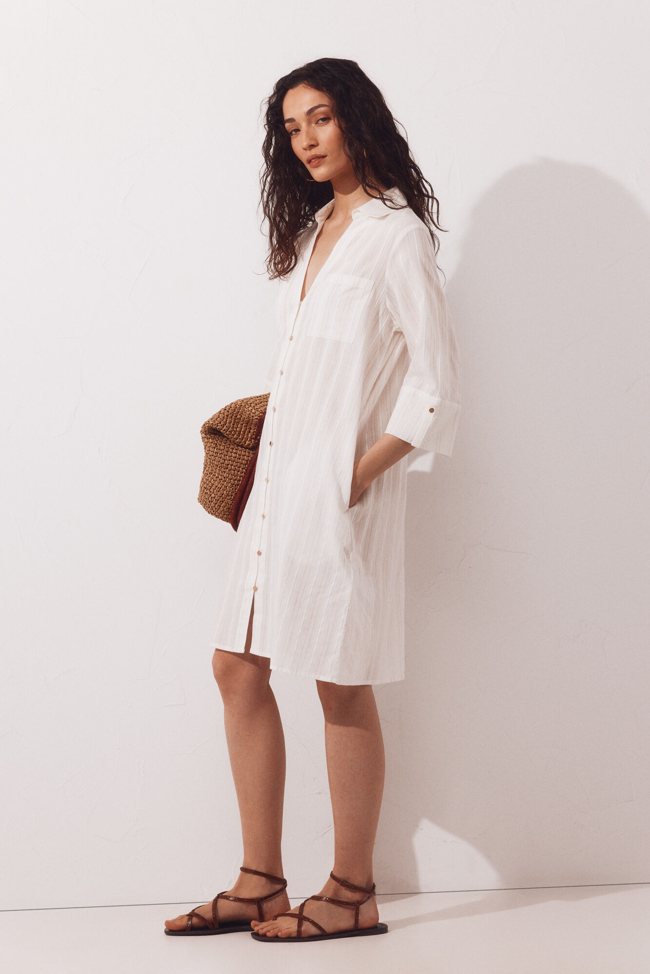 Cortefiel Lurex shirt kaftan Ivory