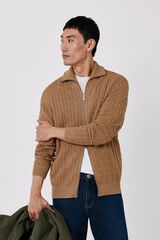 Cortefiel Cotton braided knit zip fastening cardigan Brown