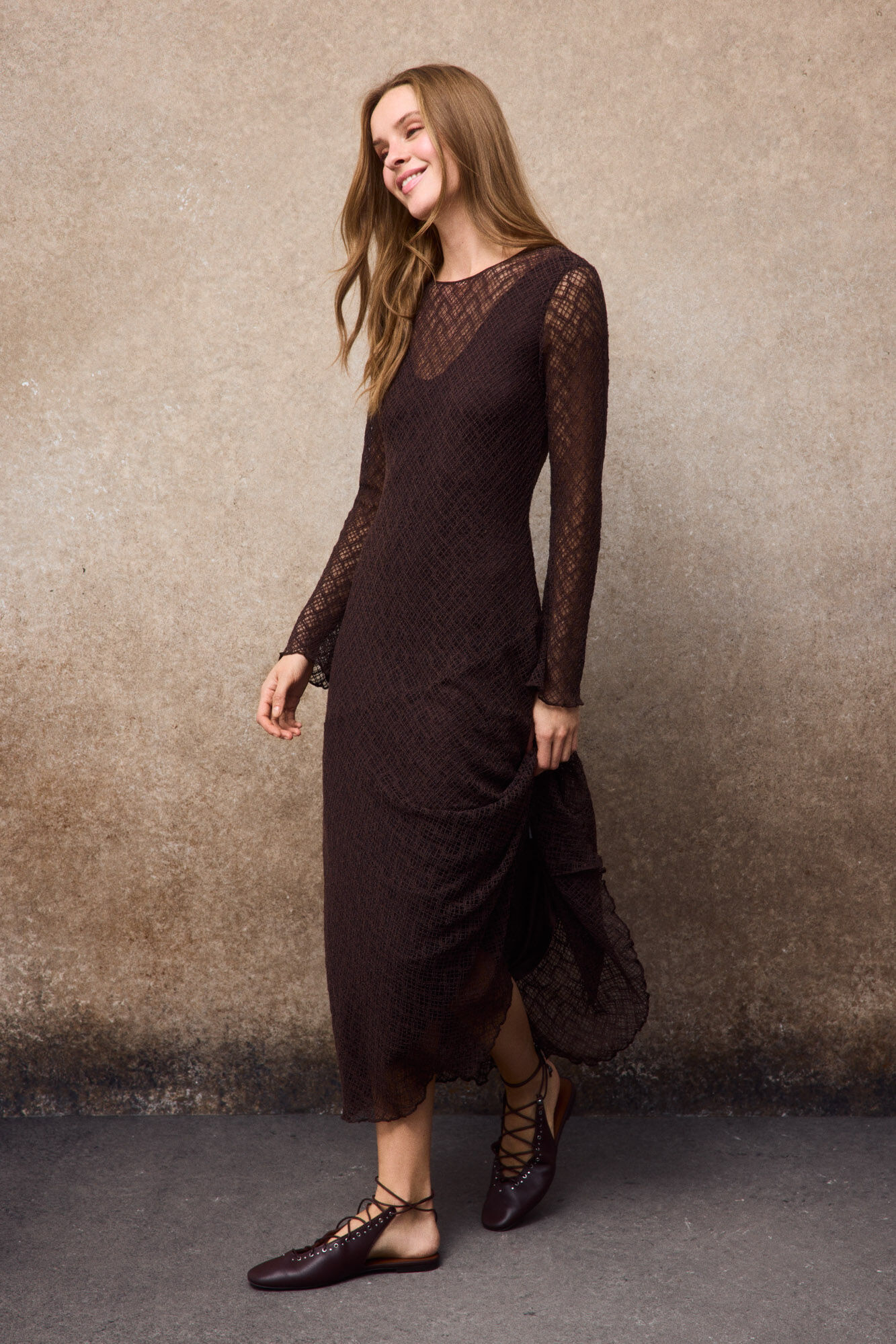 Slowlove Vestido de renda Castanho
