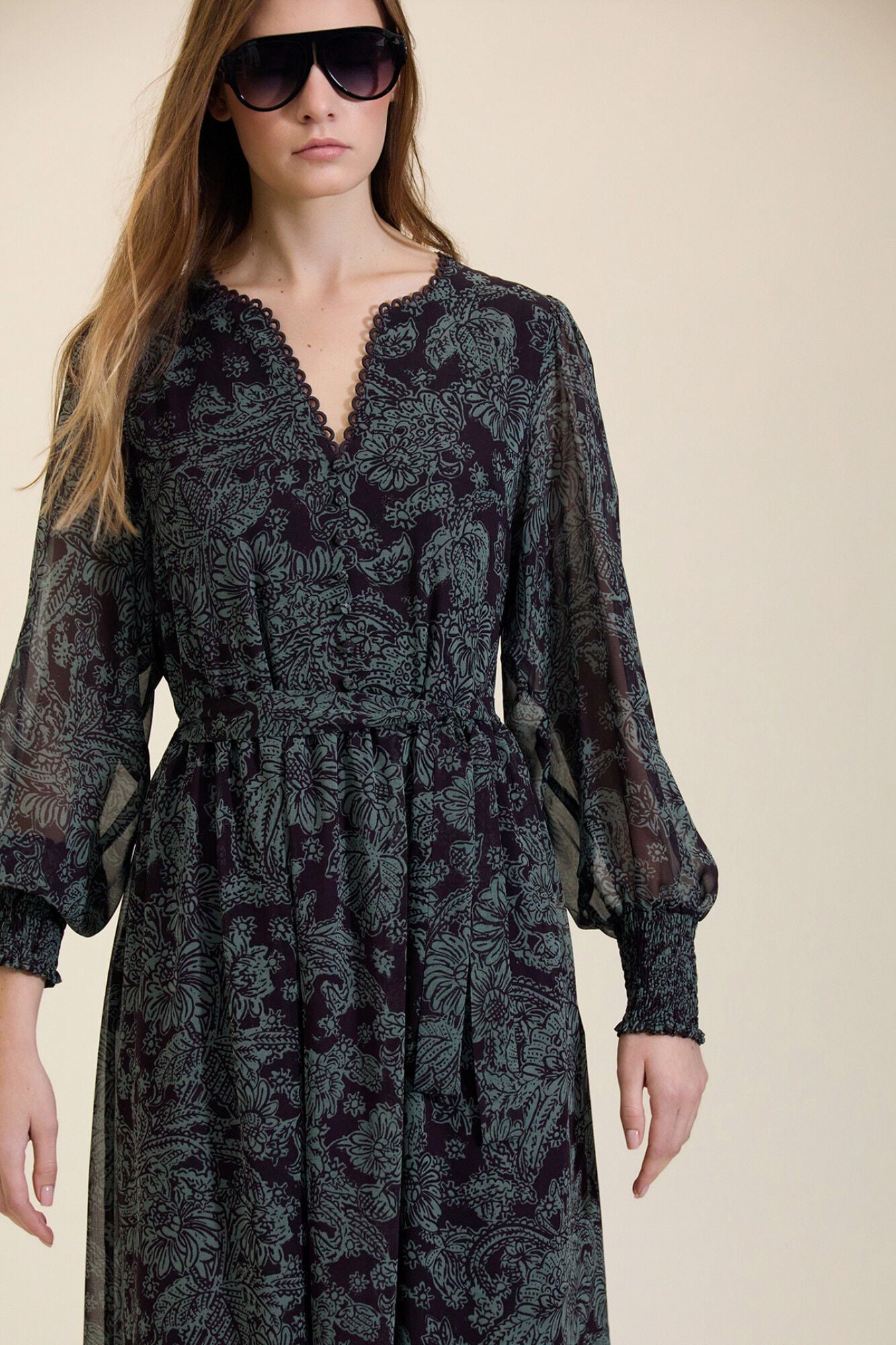 Meisie Floral print chiffon long dress Printed turquoise