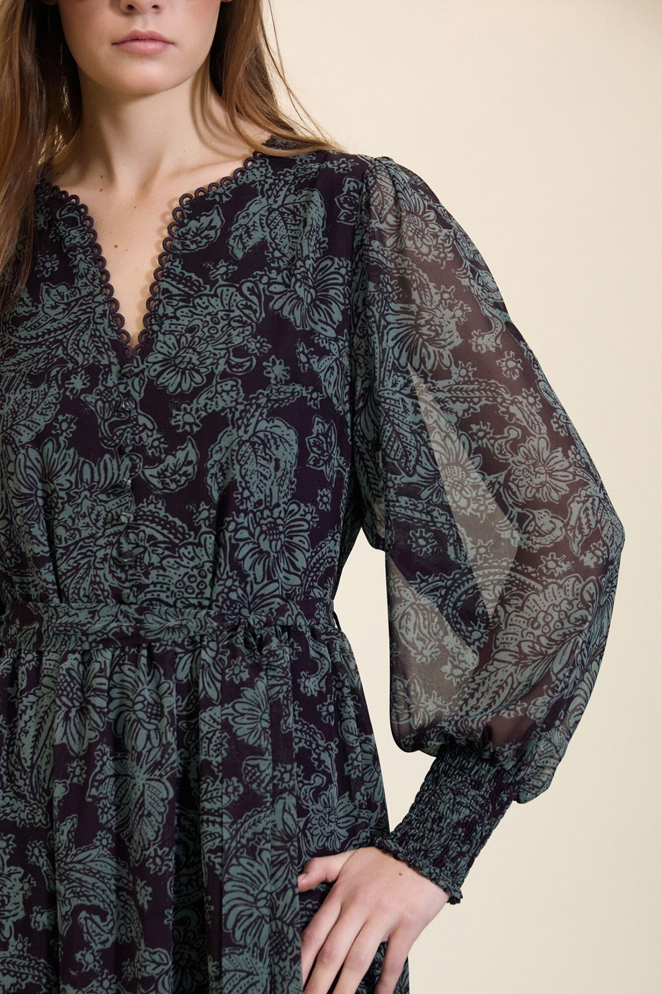 Meisie Floral print chiffon long dress Printed turquoise