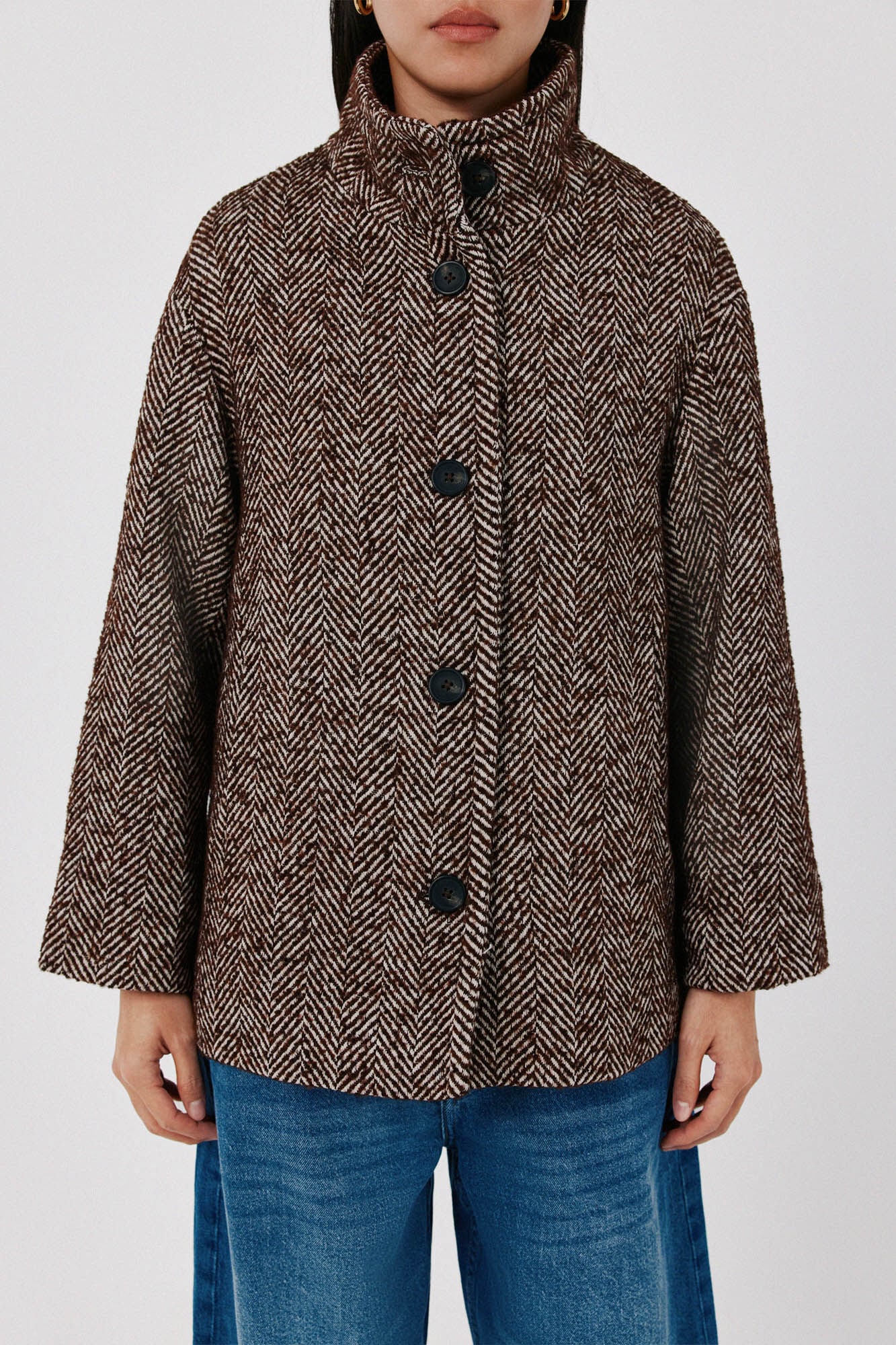 Cortefiel Short funnel neck coat Printed brown