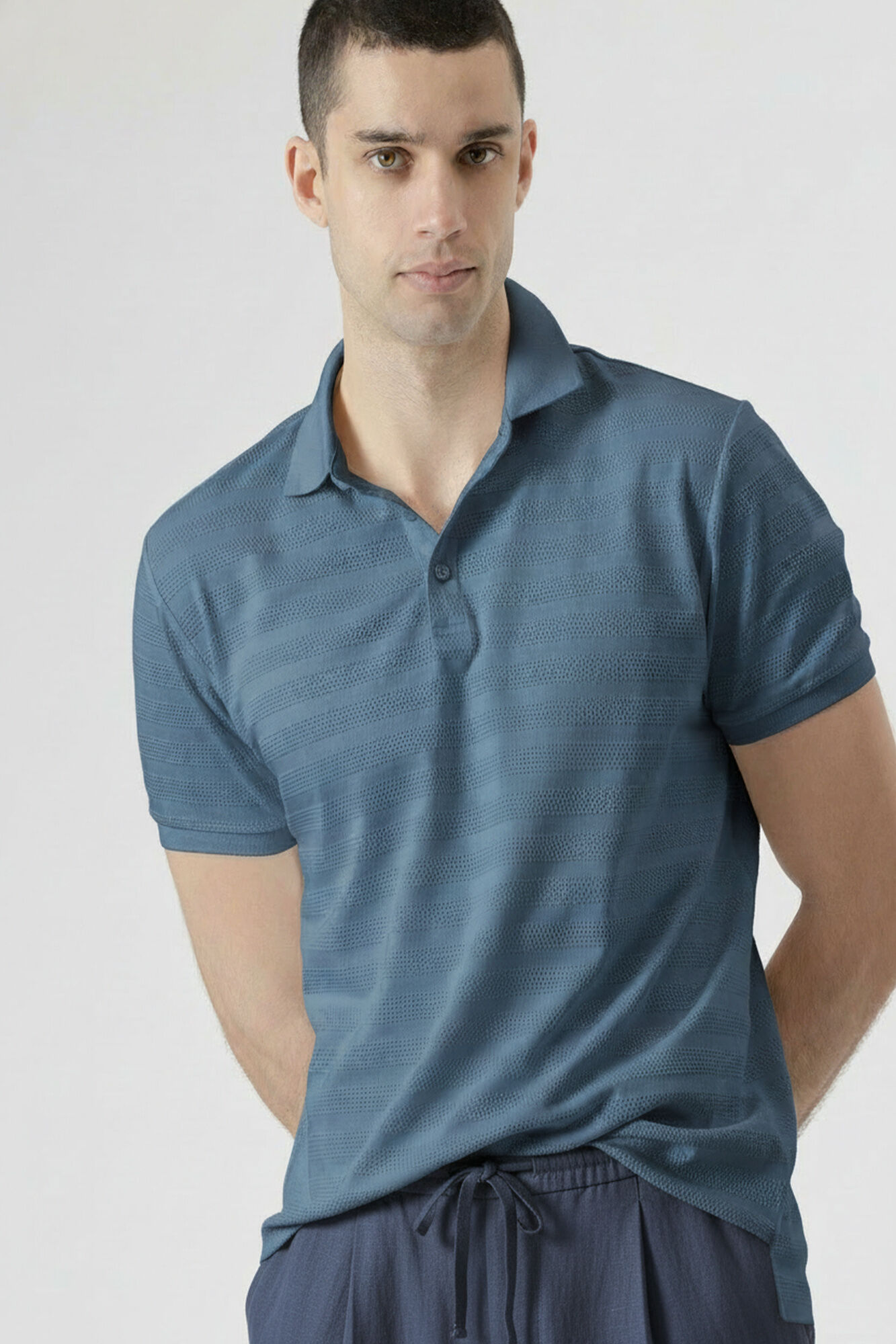 PuroEGO Polo em algod&atilde;o dobby liquen Azul