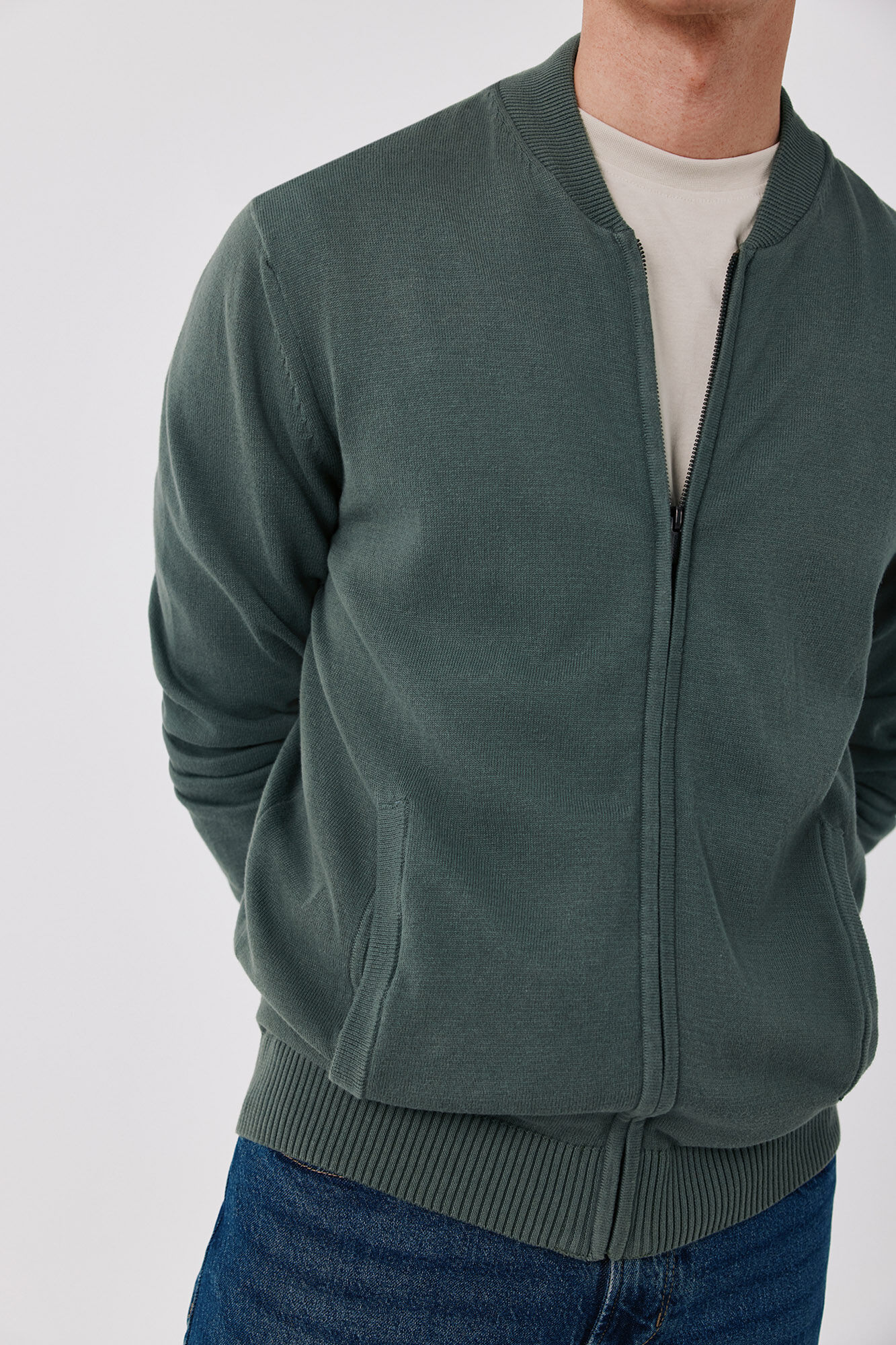 Cortefiel Cotton fine knit zip fastening cardigan Kaki