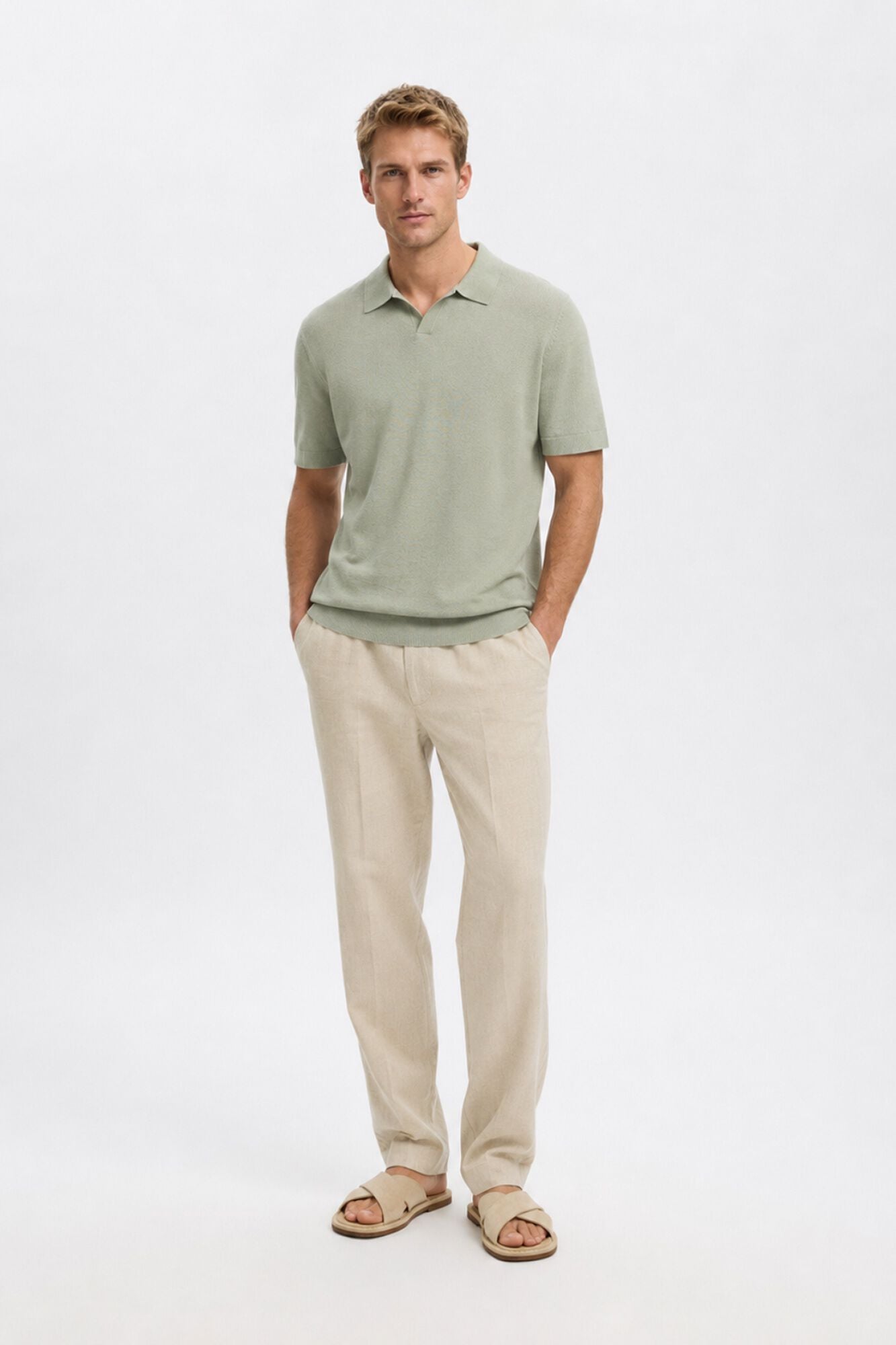 Selected Polo de punto con cuello abierto