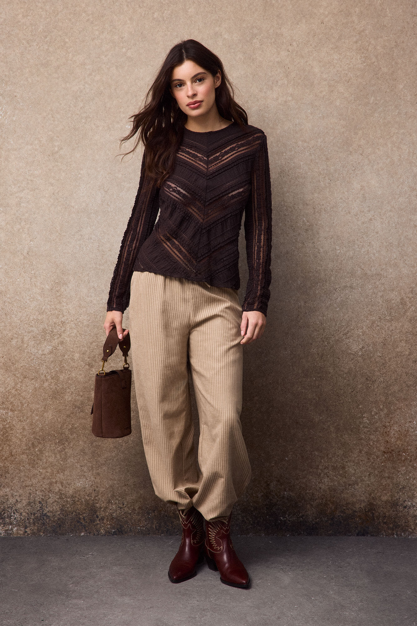Slowlove Top encaje combinado Marr&oacute;n oscuro