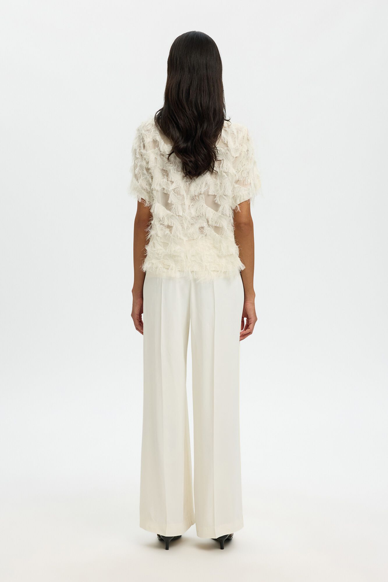 Selected Blusa de manga curta com tecido de franjas Branco