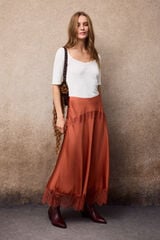 Slowlove Falda midi de sat&eacute;n y encaje Coral