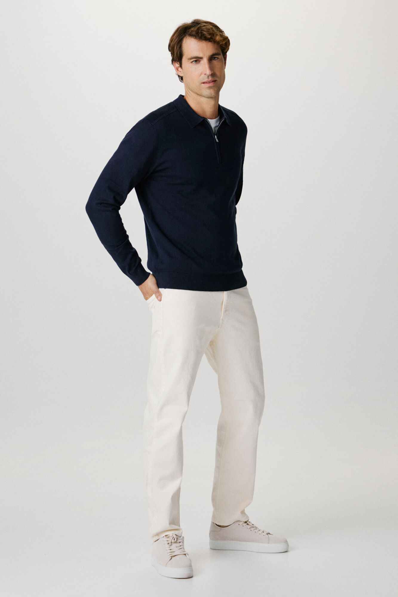 Selected 100% cotton stockings zip fastening polo shirt jumper . Navy