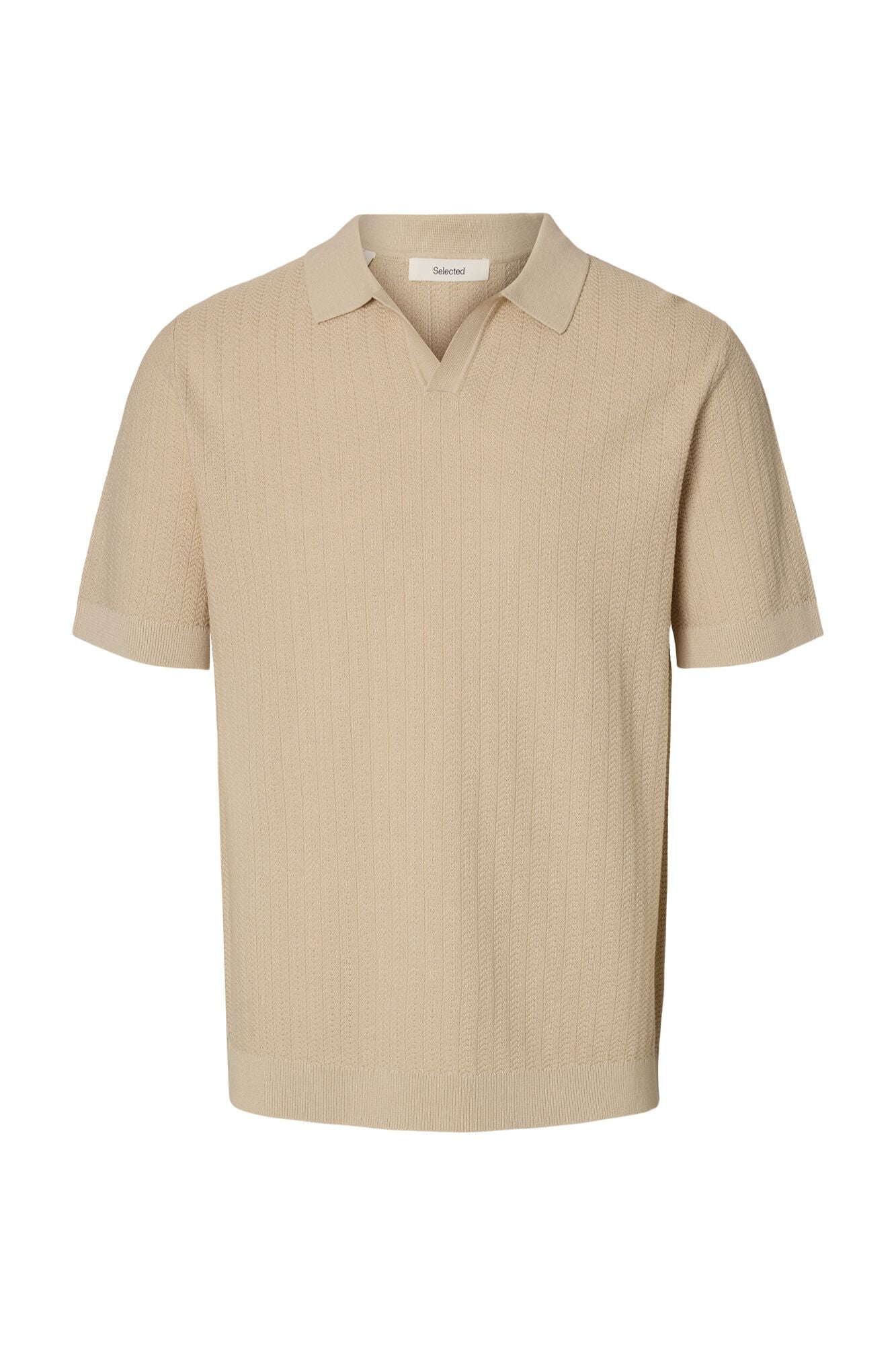 Selected Open-neck knit polo shirt Beige