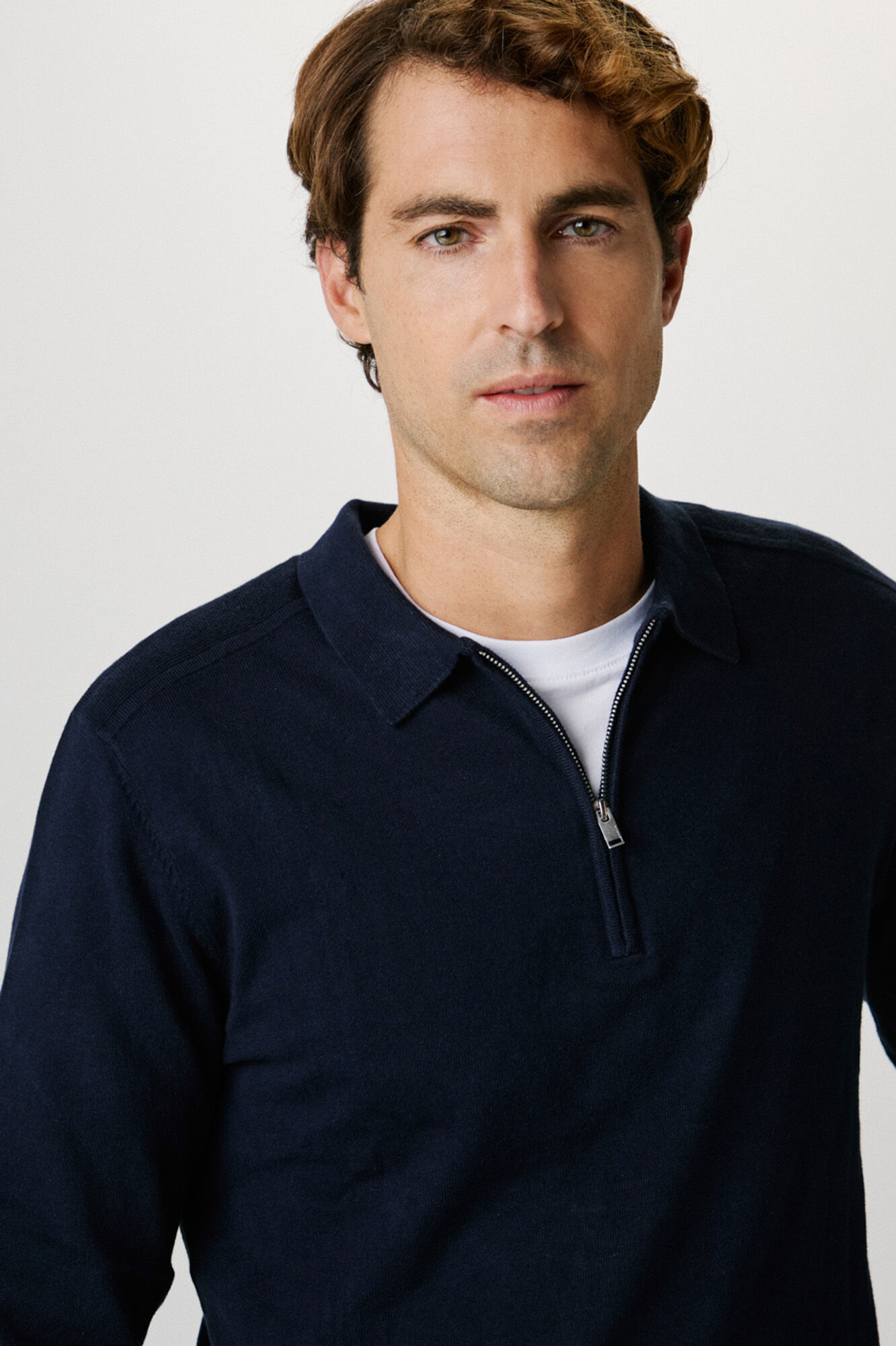 Selected 100% cotton stockings zip fastening polo shirt jumper . Navy