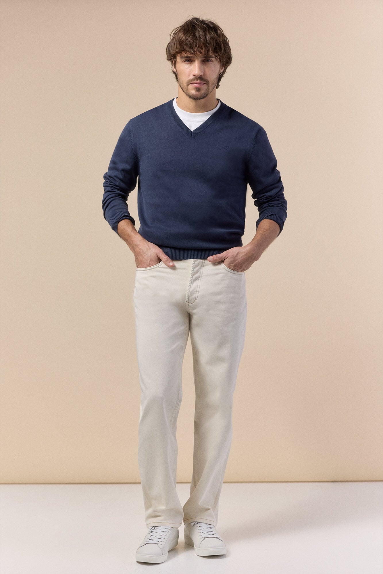 OOTO Camisola gola em bico em algod&atilde;o lavado Azul