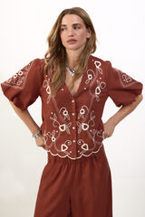 Slowlove Blusa bordado manga farol Brown