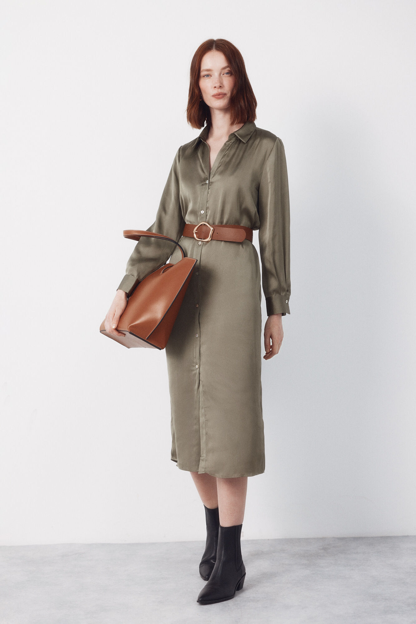 Cortefiel Satin shirt dress Kaki