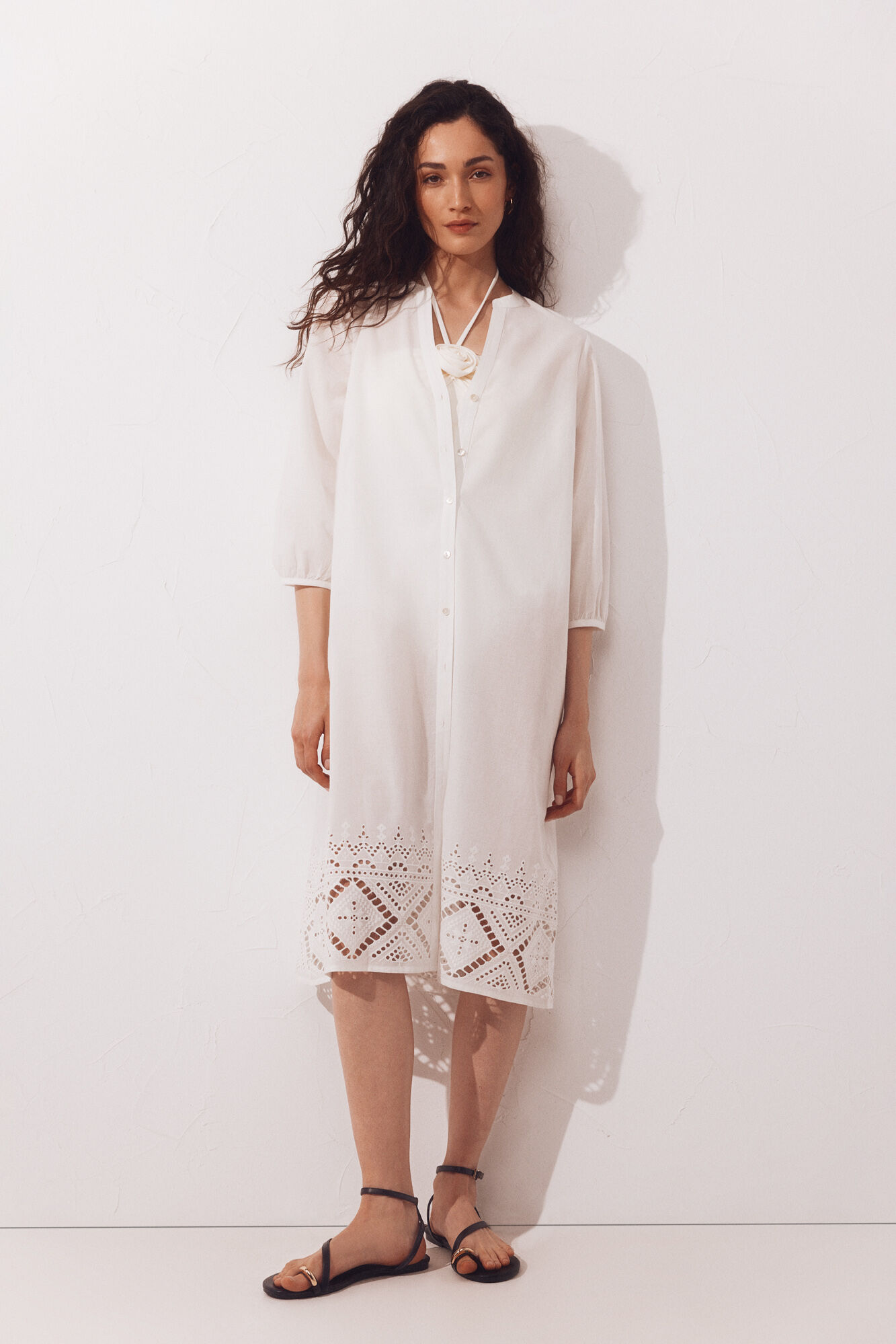 Cortefiel Embroidered cotton kaftan White
