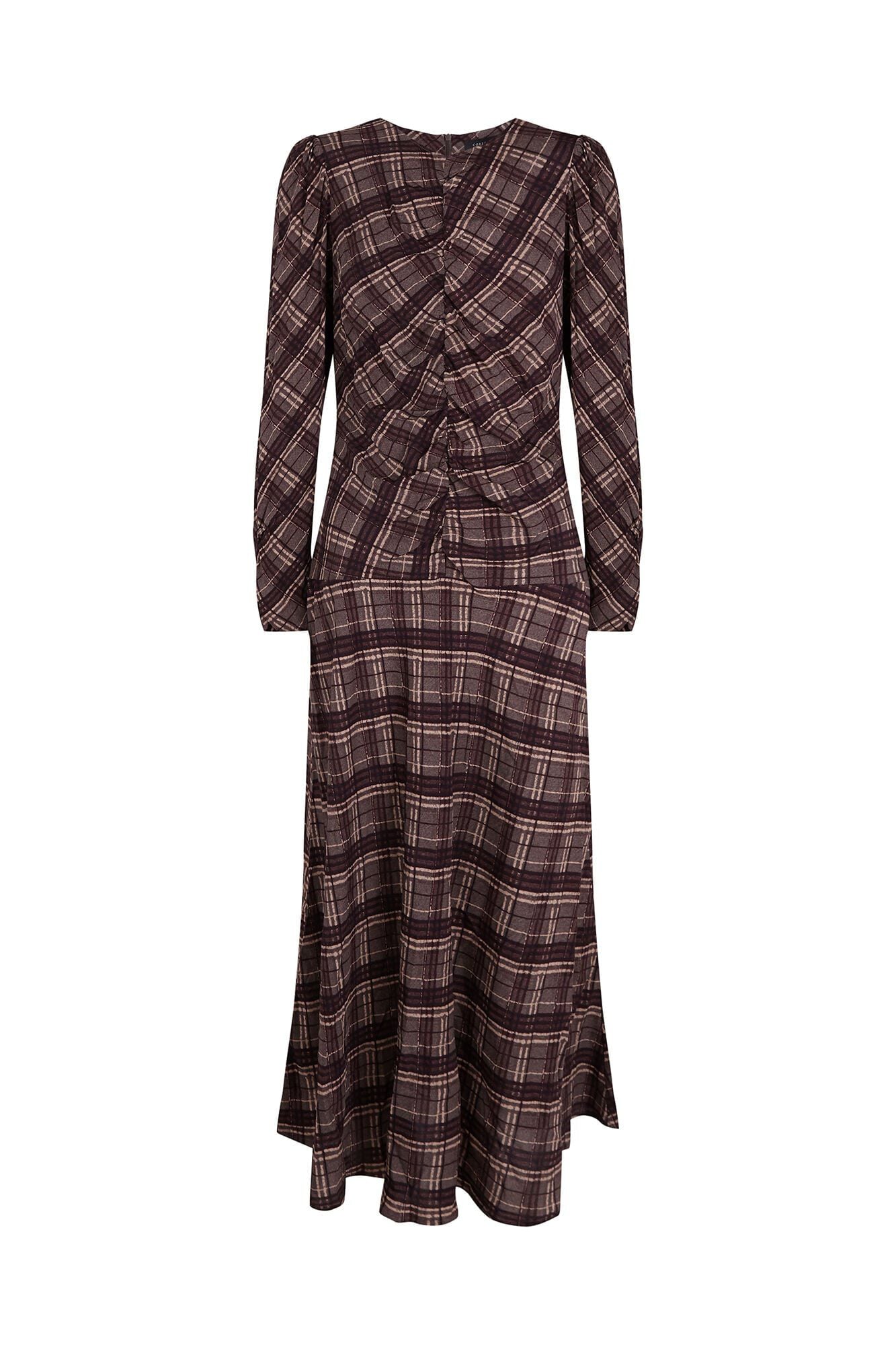 Cortefiel Plaid print ruched dress Printed grey