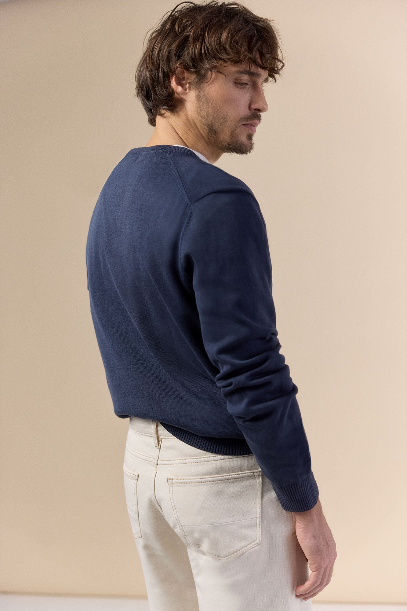 OOTO Camisola gola em bico em algod&atilde;o lavado Azul