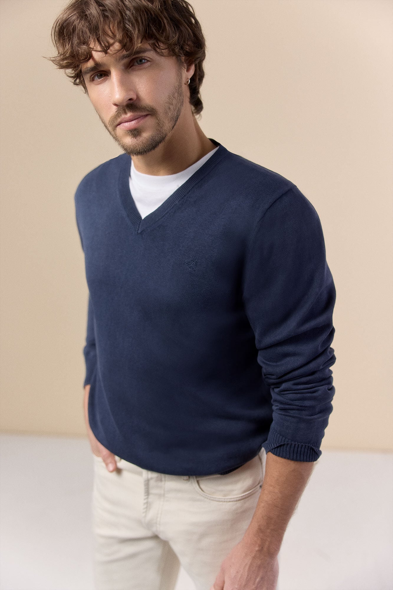 OOTO Camisola gola em bico em algod&atilde;o lavado Azul