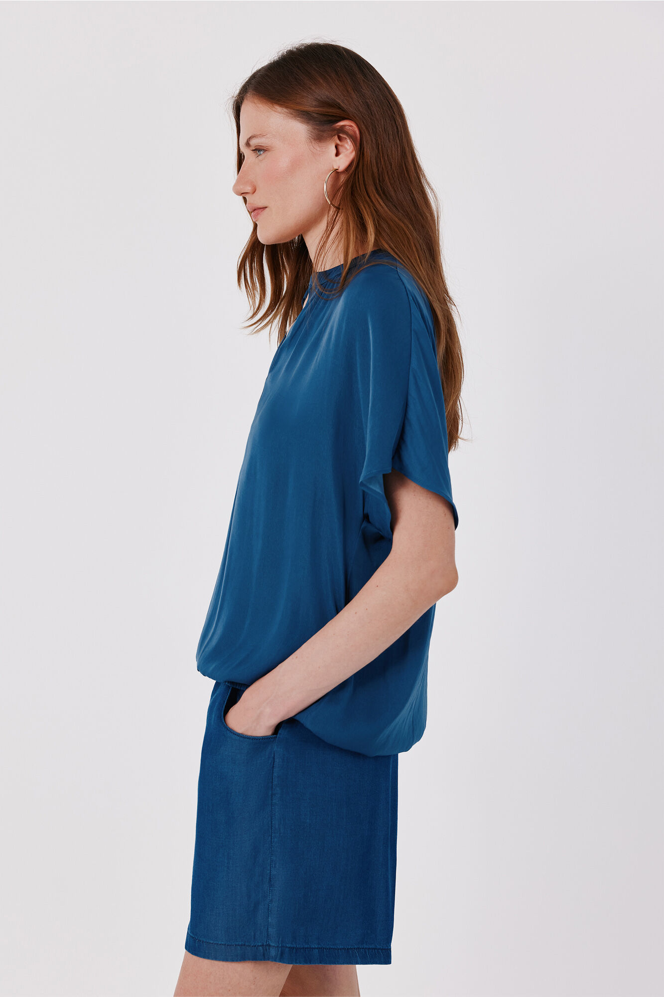 Cortefiel Satin-finish short sleeve blouse Blue