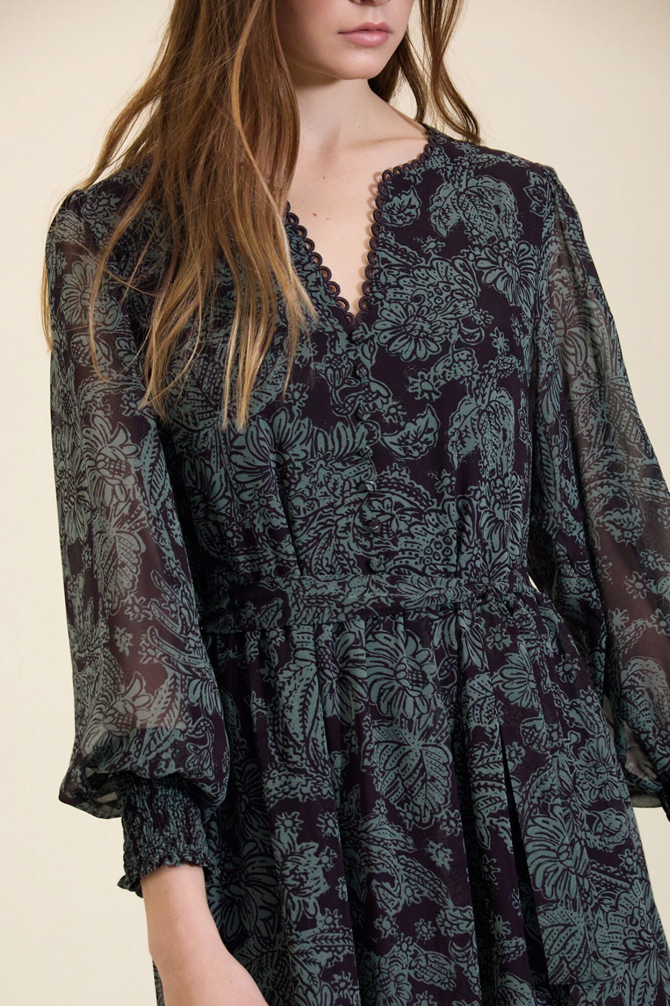 Meisie Floral print chiffon long dress Printed turquoise