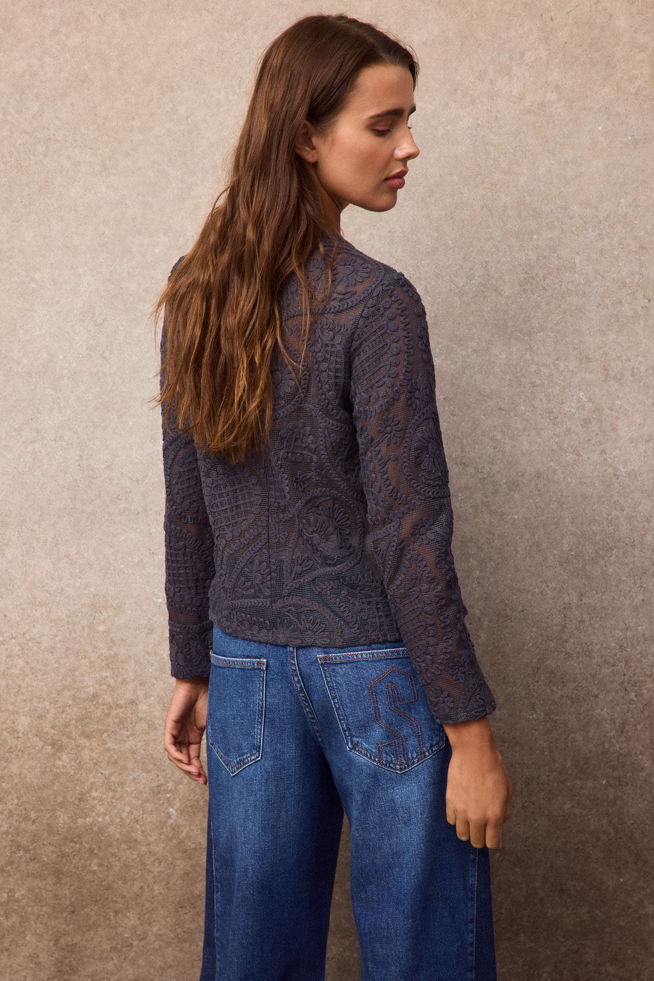 Slowlove Floral crochet top Dark grey