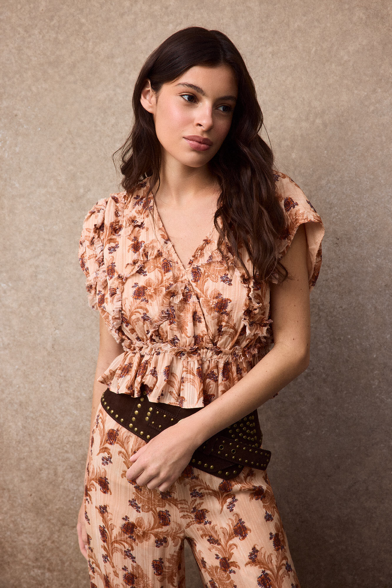 Slowlove Blusa estamapda fluida Estampado naranja