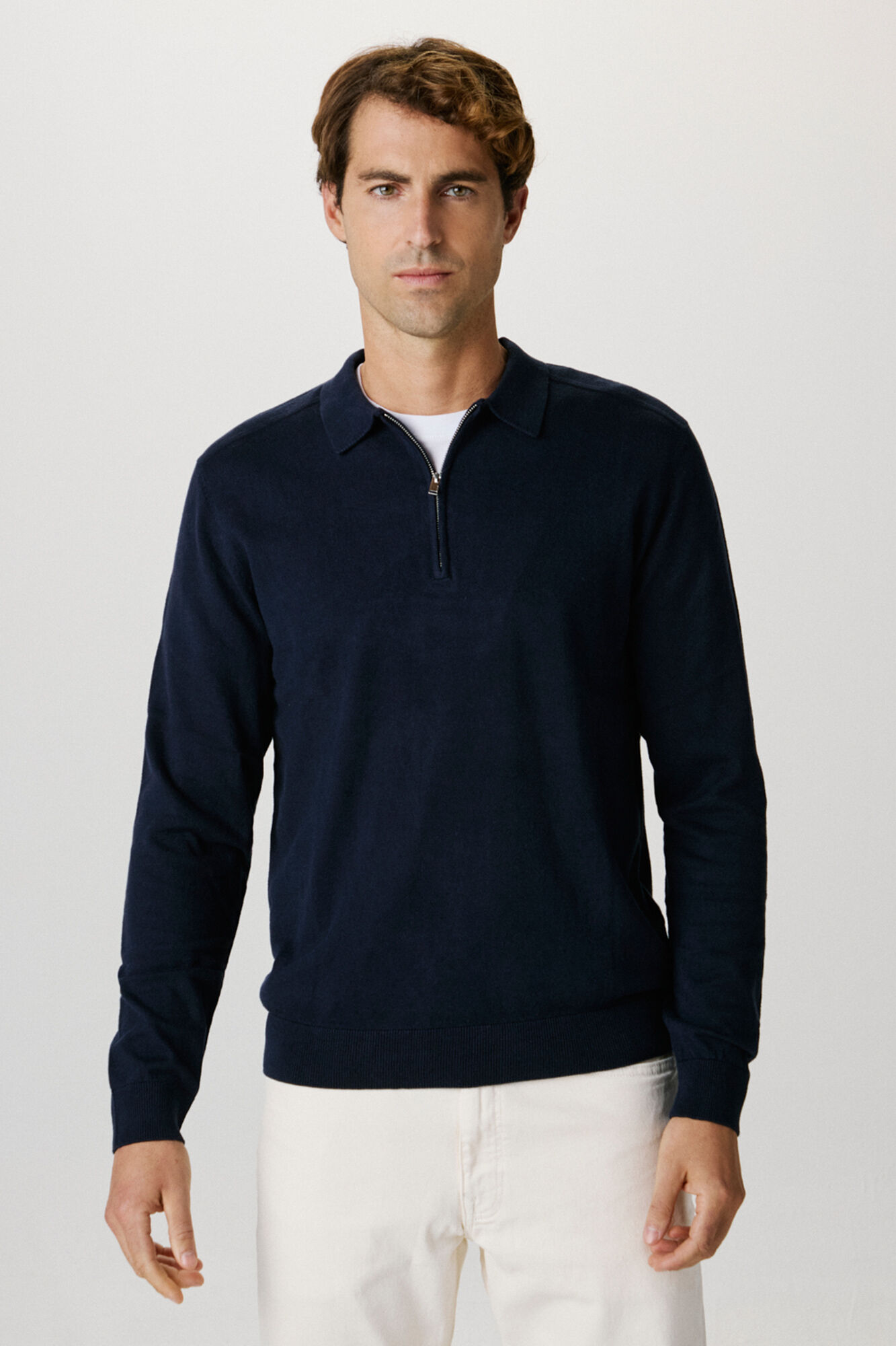 Selected 100% cotton stockings zip fastening polo shirt jumper . Navy