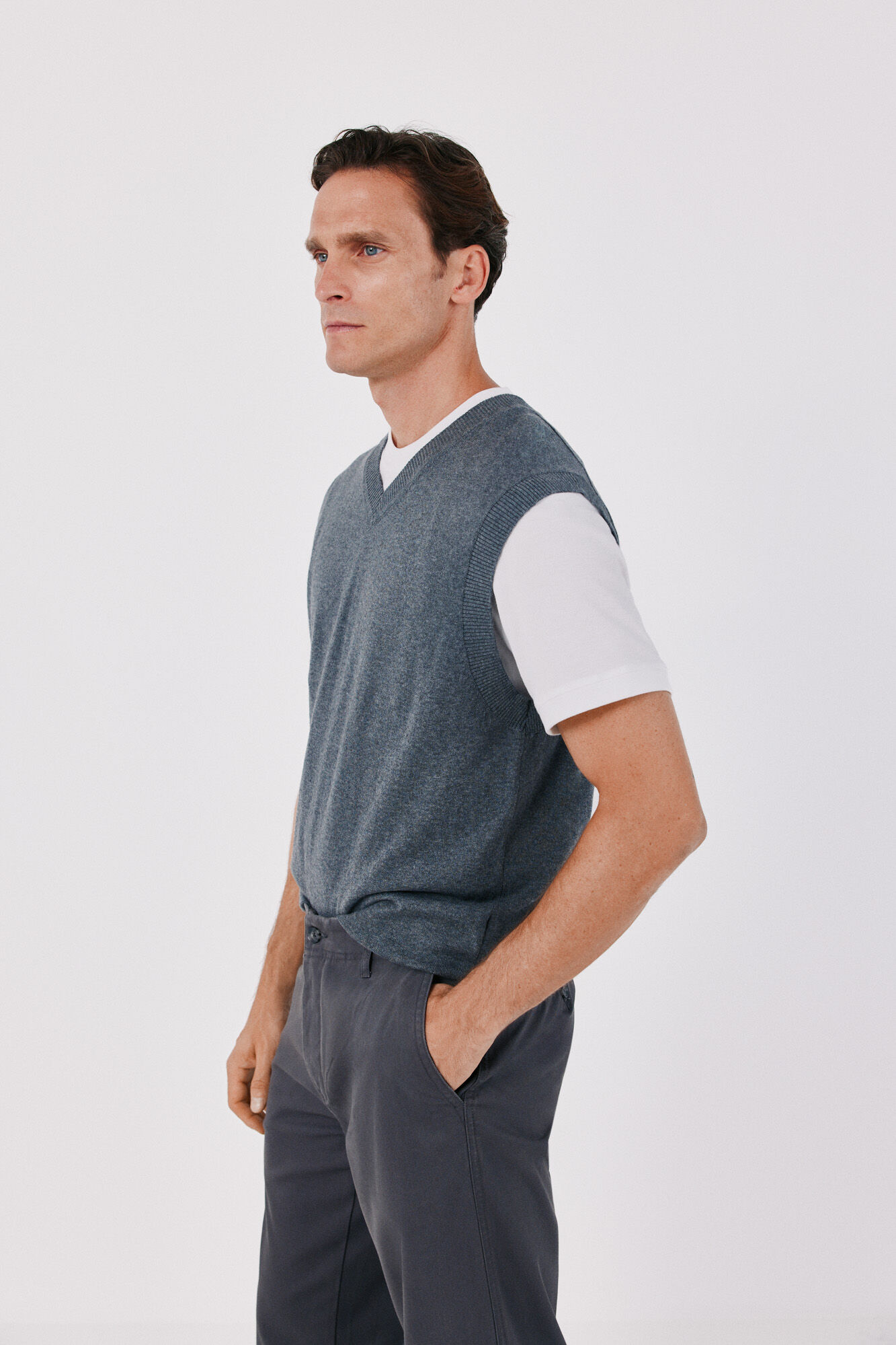 Cortefiel V-neck cotton cashmere knit gilet Navy