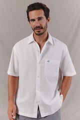 OOTO Camisa em algod&atilde;o e linho lisa de manga curta Branco