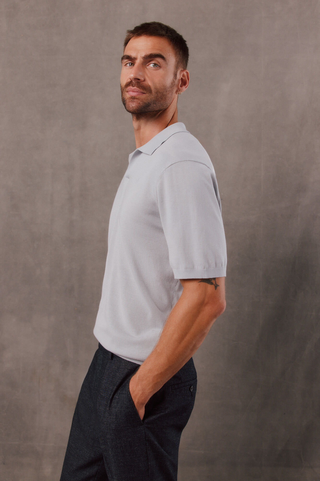 OOTO Plain knit short sleeve polo shirt Grey