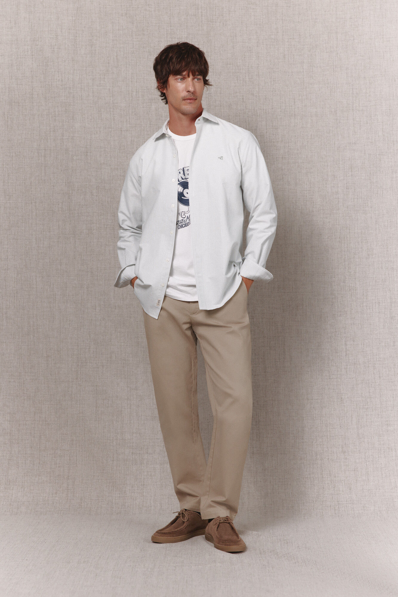 OOTO Striped oxford long sleeve shirt Kaki