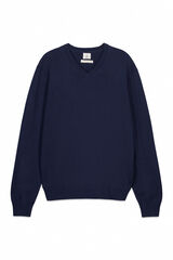 OOTO Camisola de algod&atilde;o b&aacute;sica com decote em bico Azul
