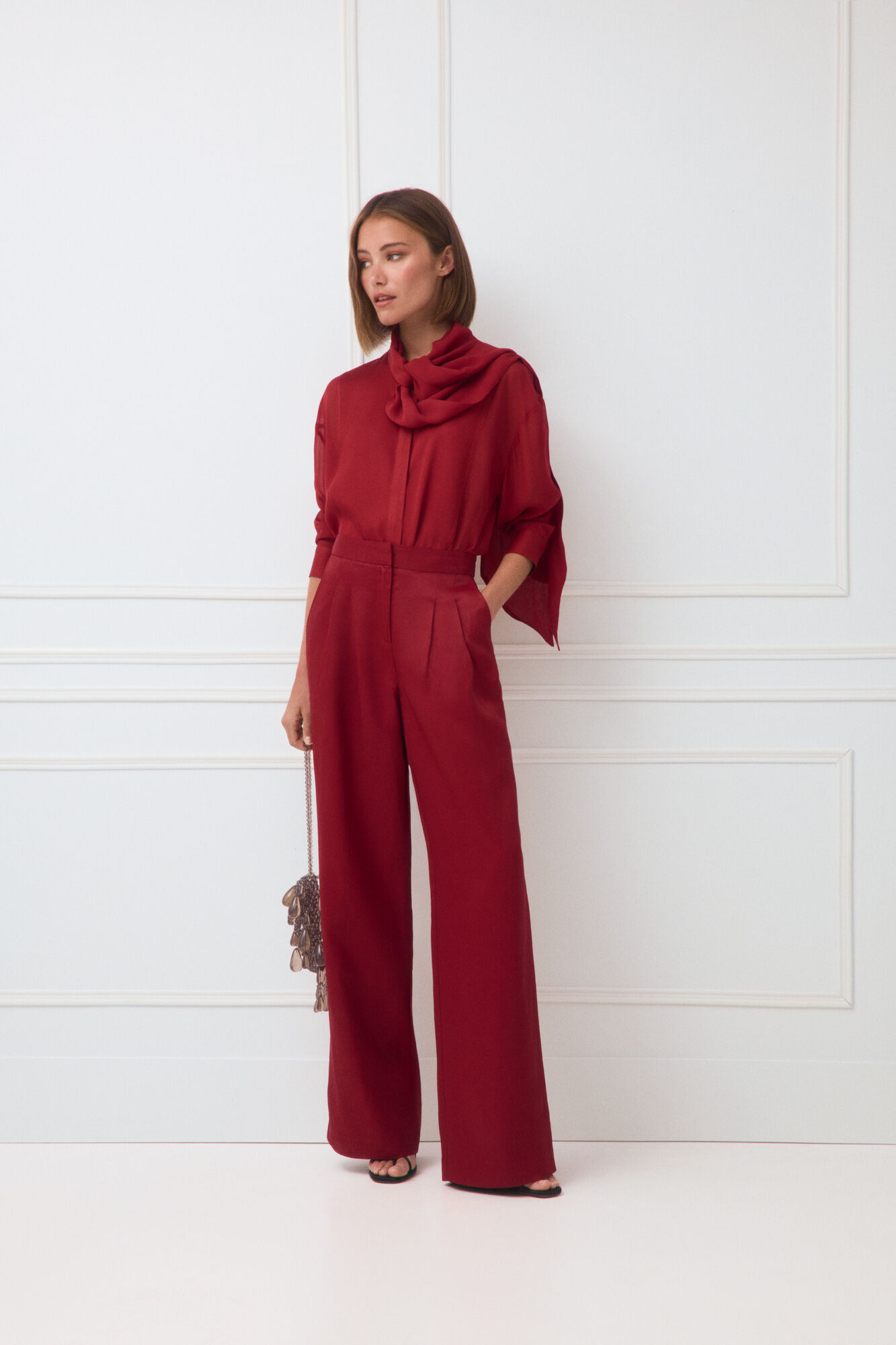 TFP by Tamara Falc&oacute; Red satin-finish trousers