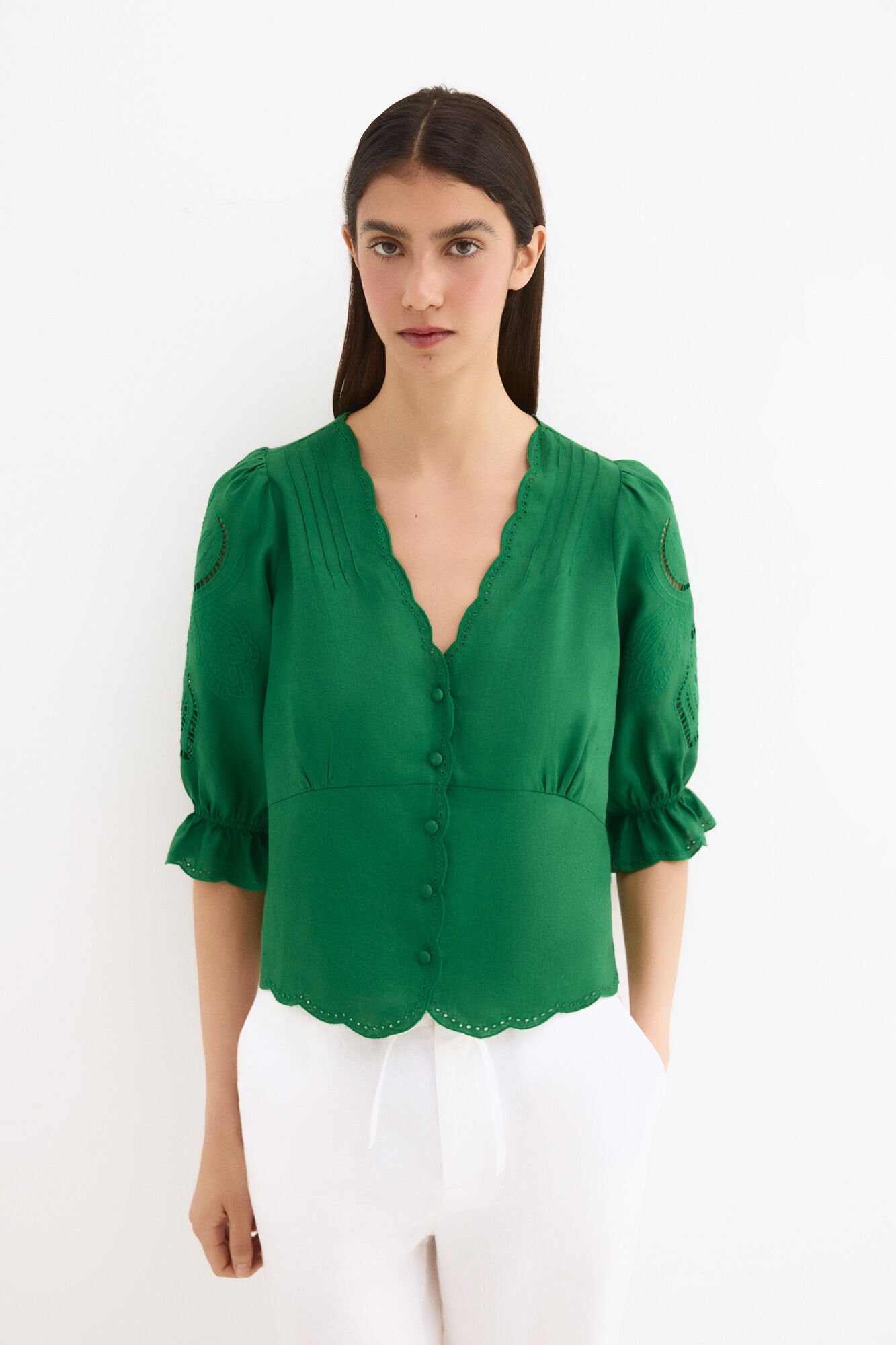 Pedro del Hierro Embroidered linen blouse Green
