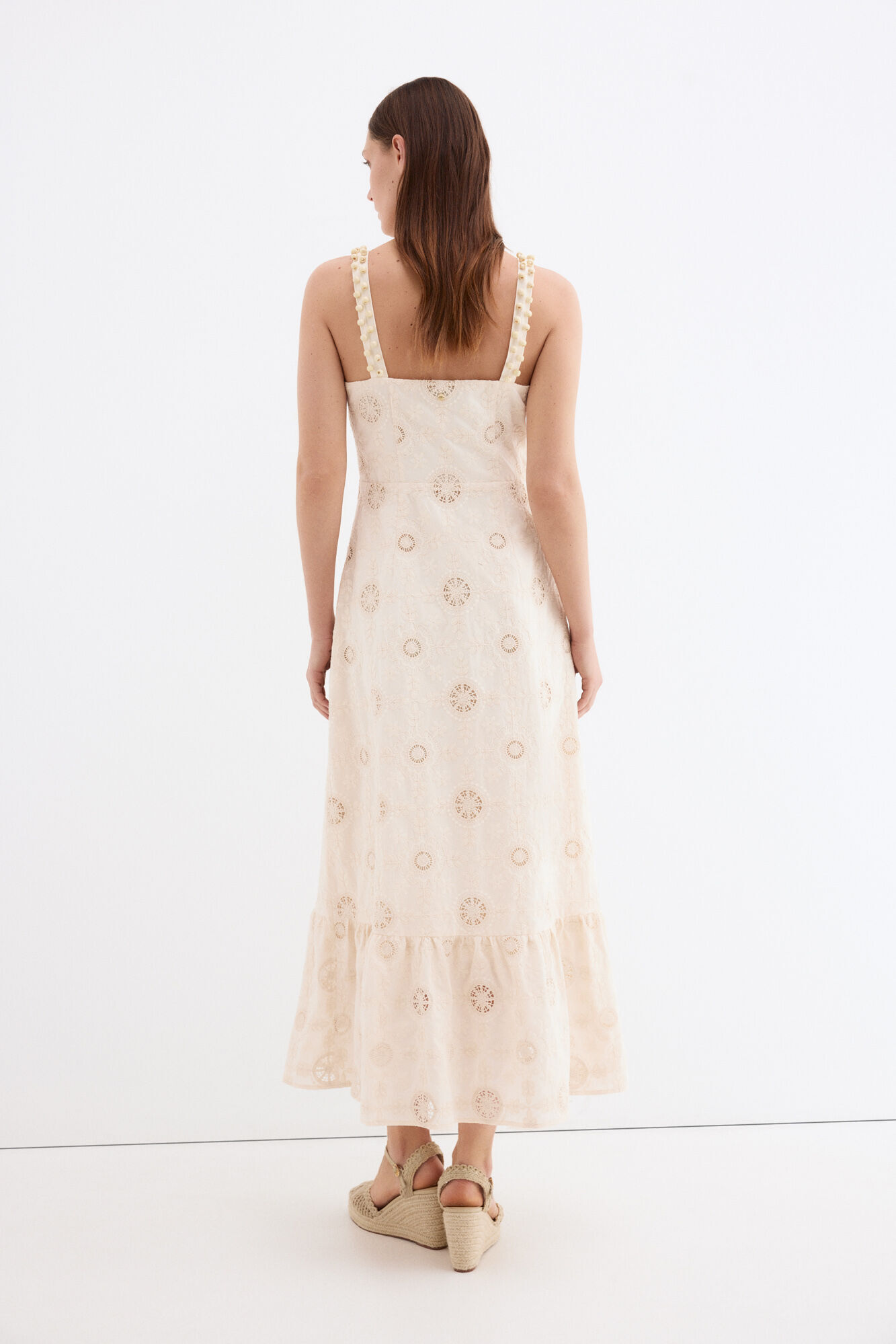 Pedro del Hierro Embroidered cotton long dress Ecru