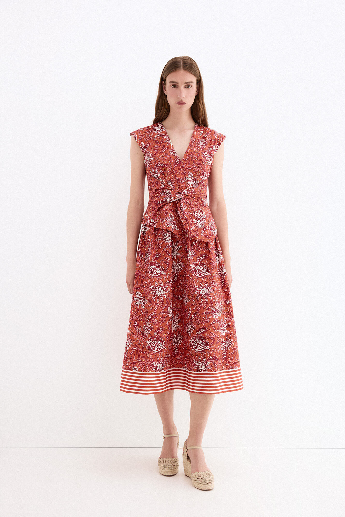 Pedro del Hierro Printed waist bow detail dress Beige